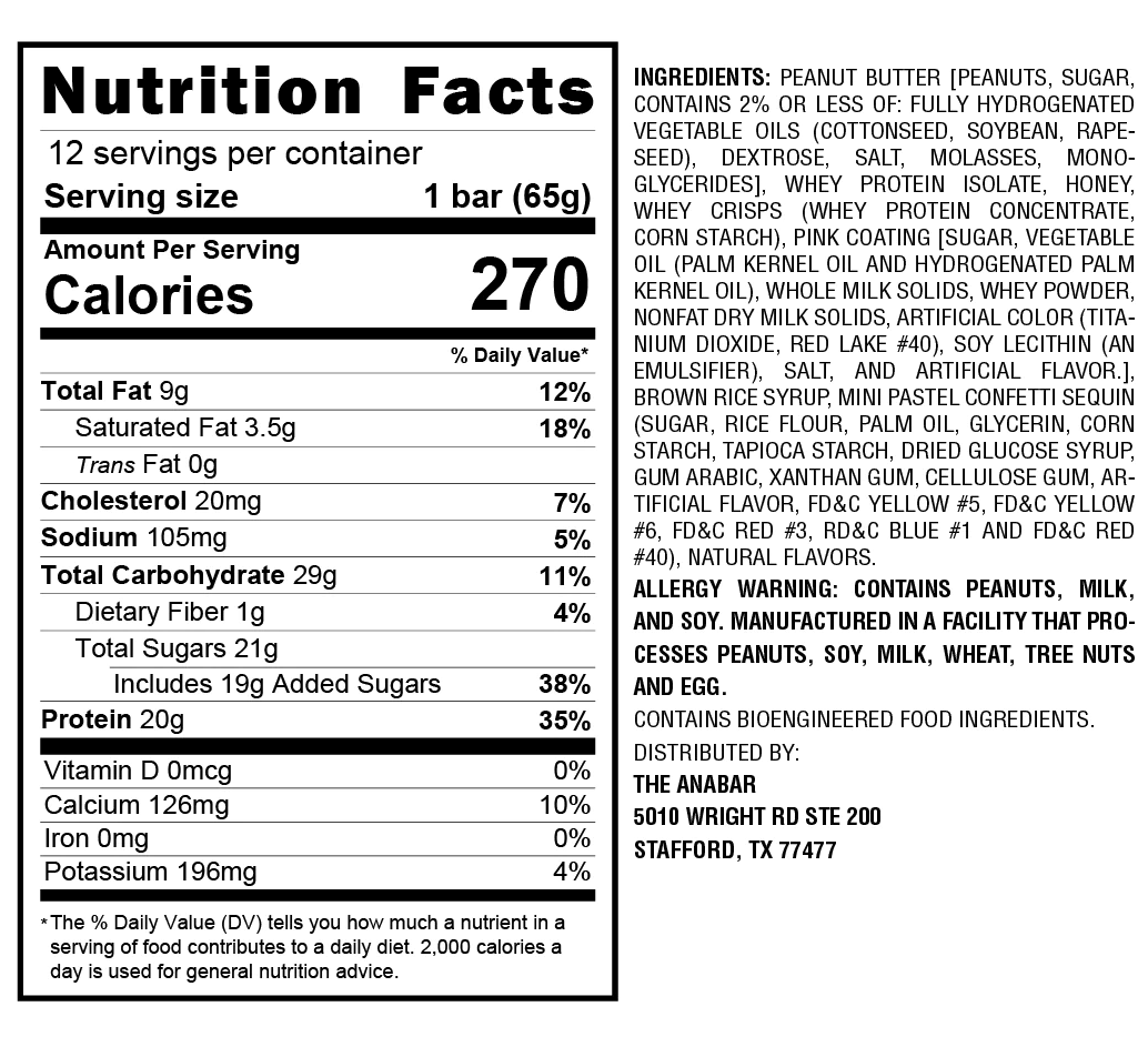 Nutrition facts for a 65g bar including amounts of calories, fats, sugars, proteins, and other nutrients. Ingredients list mentions allergens like peanuts, milk, soy.