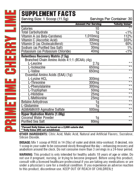 Nutritional info for Primetime Cherry Lime Supplement; 1 scoop contains various vitamins, sodium, potassium, and amino acids. 30 servings per container.