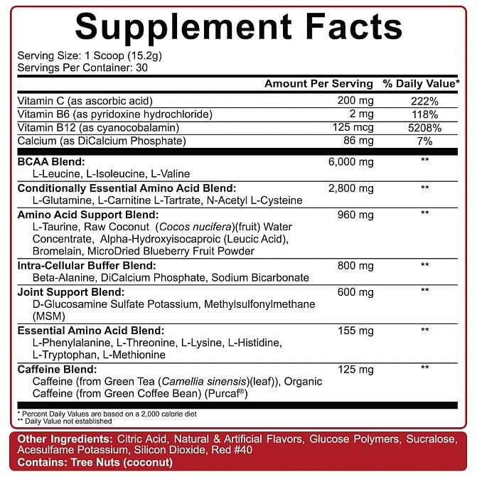 A detailed list of ingredients and nutritional facts for a dietary supplement including vitamins, amino acids, caffeine blend, and more. Contains tree nuts.