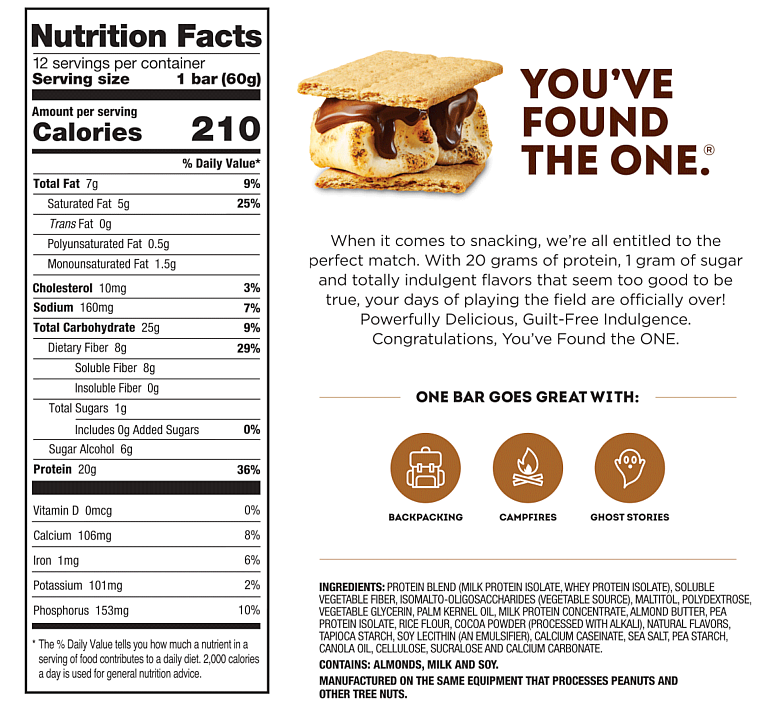 Nutritional facts and ingredient list for a protein bar with 20g protein, 1g sugar, 7g fat and 210 calories. Contains milk, soy, almonds and whey protein.