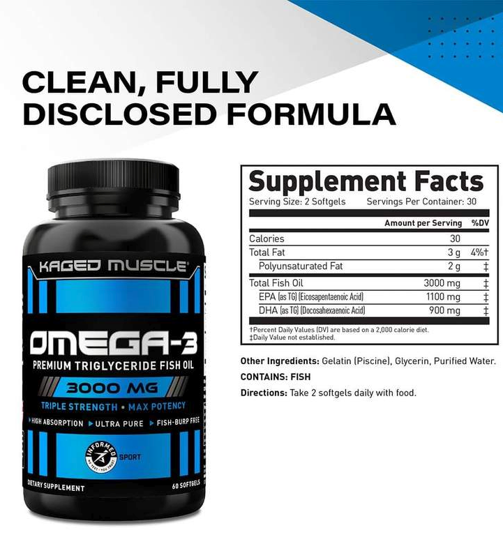 Kaged Muscle Omega-3 fish oil supplement. Triple strength, max potency, burp-free, 3000 mg, 60 softgels. Take 2 daily with food.