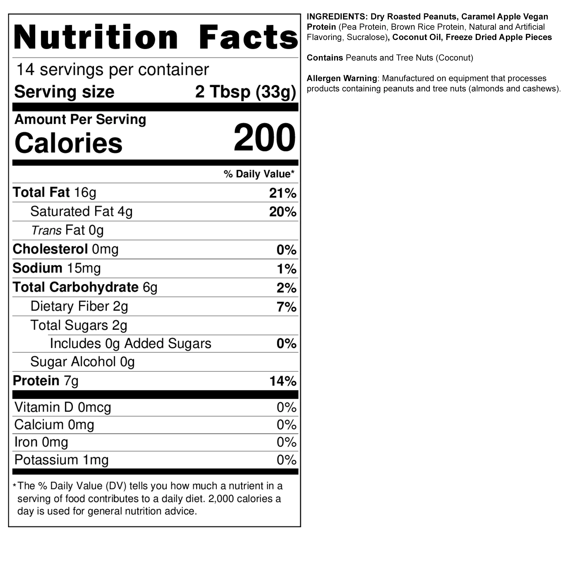 Nutrition facts for a product with 14 servings. Contains peanuts, caramel apple vegan protein, coconut oil, freeze-dried apples and allergy warning for tree nuts.