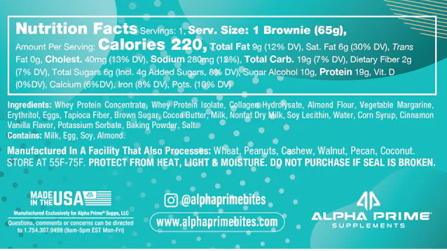 Nutrition facts for a 65g brownie: 220 calories, 9g total fat, 6g sat. fat, 40mg cholest., 280mg sodium, 19g carbs, 19g protein. Contains milk, egg, soy, almond.