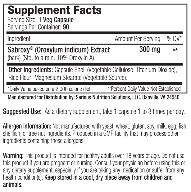 Label of a dietary supplement capsule named Sabroxy with 300mg of Oroxylum indicum extract per serving. Free from common allergens.