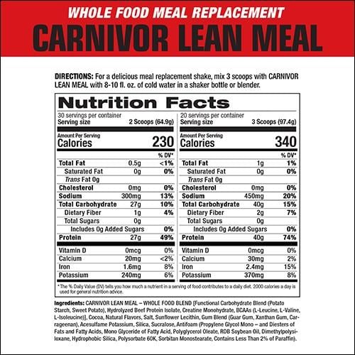 Instructions and nutritional information for Carnivor Lean Meal replacement shake, containing various nutrients such as proteins, vitamins, and 230-340 calories per serving.