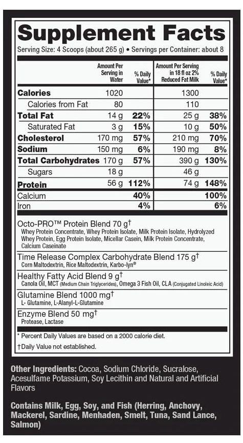 Protein supplement facts showing calorie count, fats, cholesterol, sugars, sodium, carbohydrates, protein, iron and calcium percentages per serving.