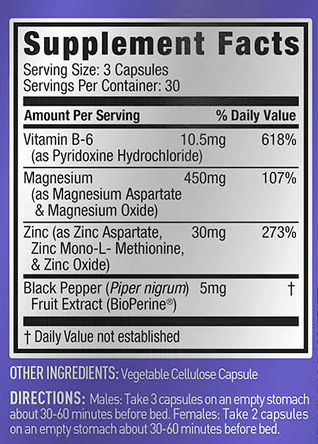 Supplement facts label showing serving size, ingredients and instructions for males and females. Contains Vitamin B-6, Magnesium, Zinc and more.