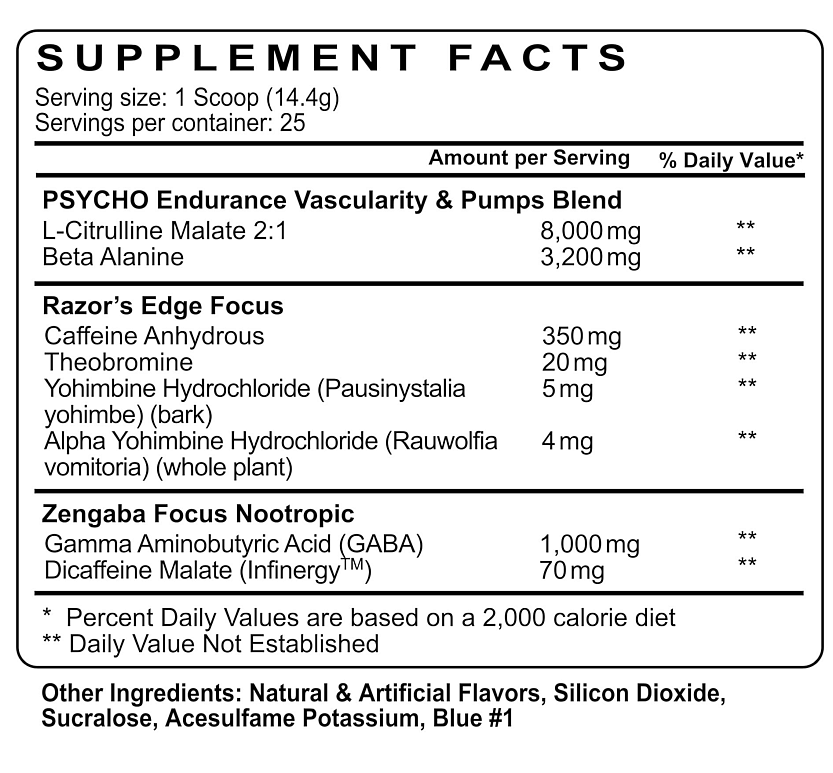 Nutritional supplement facts for PSYCHO Endurance Vascularity & Pumps Blend showcasing serving size, caffeine, amino acids and daily nutrition values.