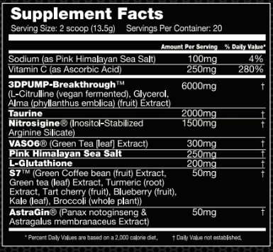 Supplement facts for a product with ingredients including Pink Himalayan Sea Salt, Vitamin C, Taurine, Green Tea, and various fruit and plant extracts.