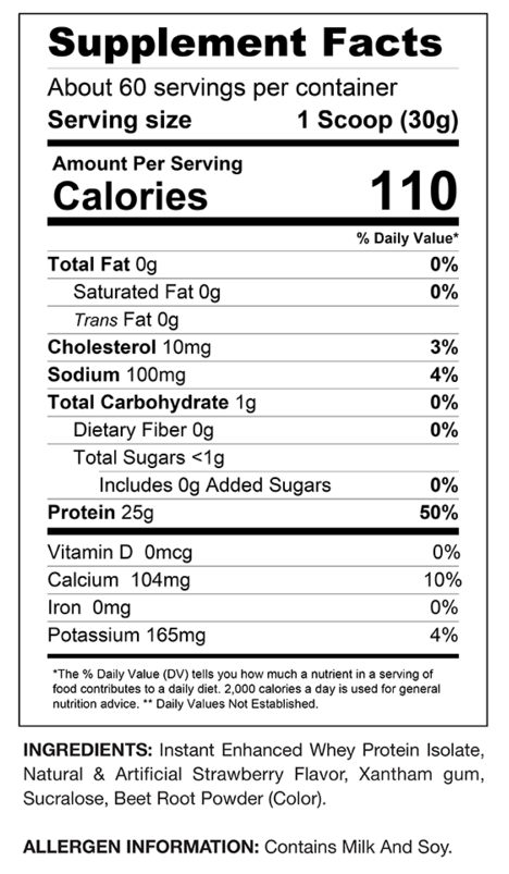 Nutritional chart for a 60 serving protein supplement highlighting: 25g protein, 10mg cholesterol, 1g carbs, and 165mg potassium.