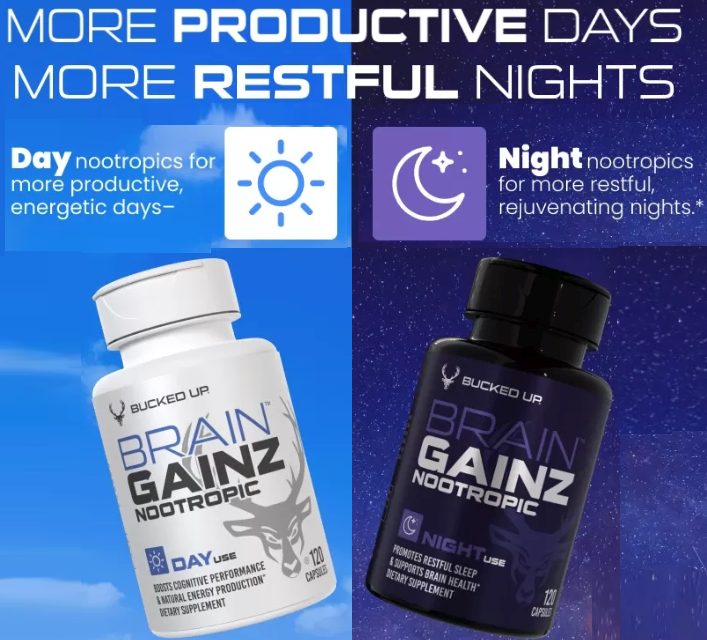 Bucked Up Brain Gainz Nootropic day and night supplements for enhanced cognitive performance, energy production and restful sleep.