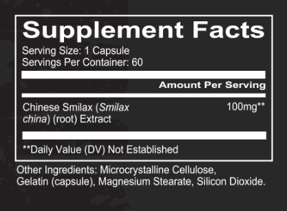 Supplement facts: one capsule contains 100mg Chinese Smilax (root) extract. Pack of 60. Inactive ingredients listed.