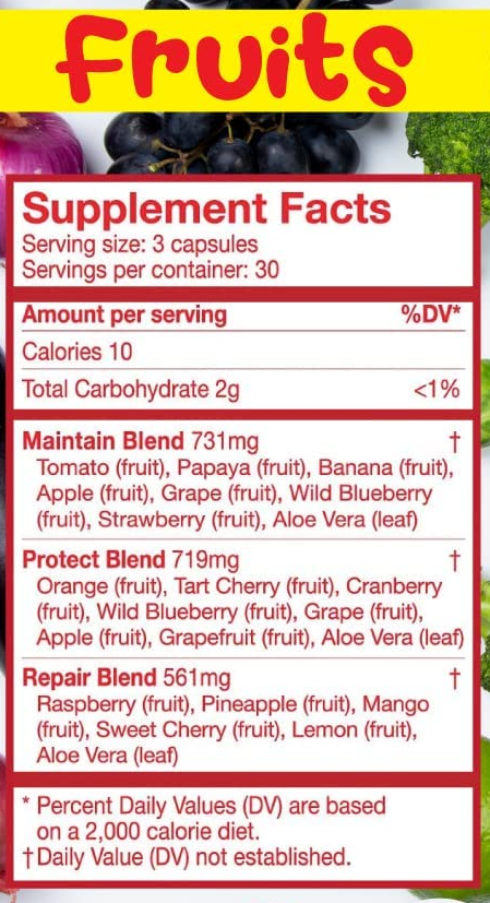 Supplement facts for a fruit blend in capsule form. Contains various fruits and aloe vera leaf for maintaining, protecting, and repairing the body.