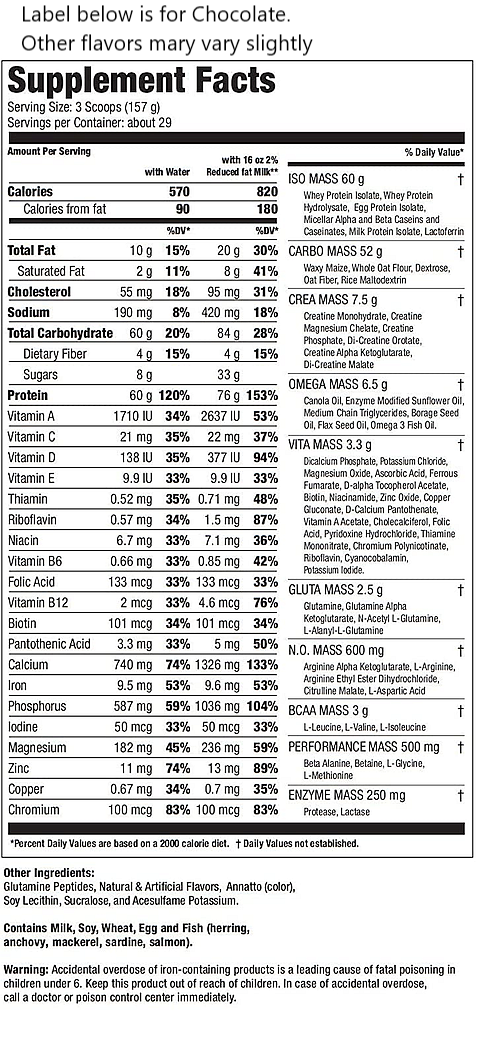 Chocolate supplement nutrition label showing serving size and detailed breakdown of vitamins, calories, and ingredients, including warning note.