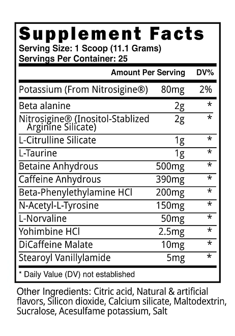 Supplement facts for a product, listing ingredients such as potassium, beta alanine, caffeine, and others with quantities; serving size is one scoop.