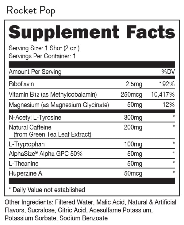 Rocket Pop Supplement Facts display serving details, vitamins, minerals, natural caffeine, and other ingredients along with respective %DV.