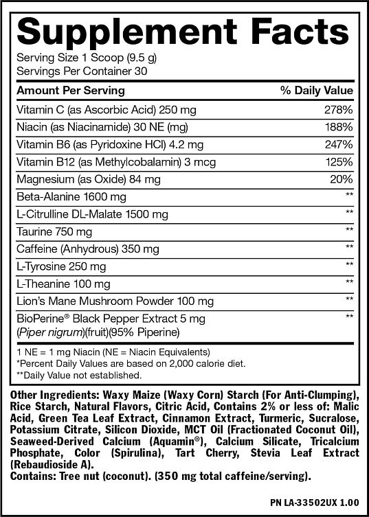 A supplement label detailing serving size and ingredients such as Vitamin C, Niacin, Vitamin B6 and B12, Magnesium, Beta-Alanine, Taurine, Caffeine, and more.