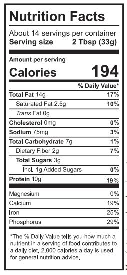 Nutrition facts for a food item with 14 portions per package. Each 2 Tbsp serving contains 194 calories, 14g fat, 10g protein among others.