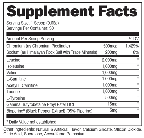 Nutritional label for a supplement showing servings, ingredients and daily value percentages including leucine, sodium, and chromium.