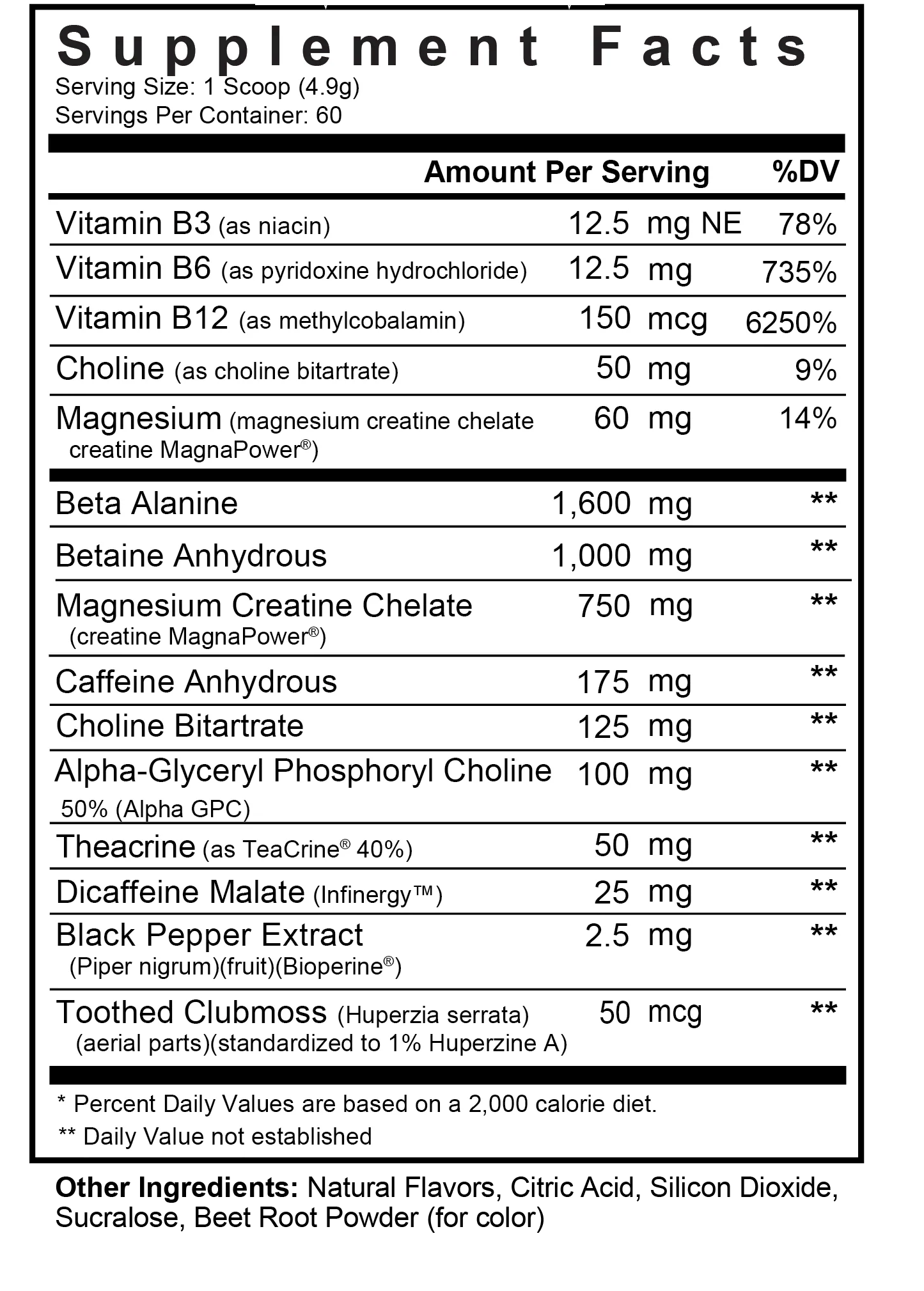 Supplement facts label showing daily values and ingredients like vitamins B3, B6, B12, Choline, Magnesium, Caffeine, Alpha GPC, and more.