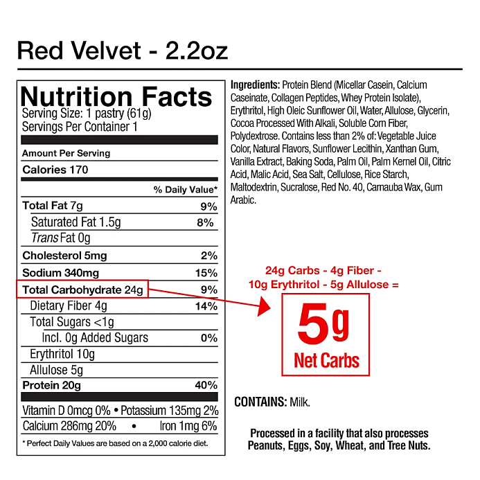Ingredients and nutritional information for a 2.2oz Red Velvet pastry with 20g protein, 24g carbs, and 170 calories per serving.