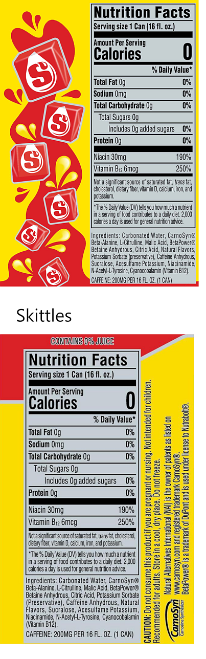 A 16 fl oz can of Skittles contains no significant nutrients but has 200mg of caffeine. Not suitable for children, pregnant, or nursing women.