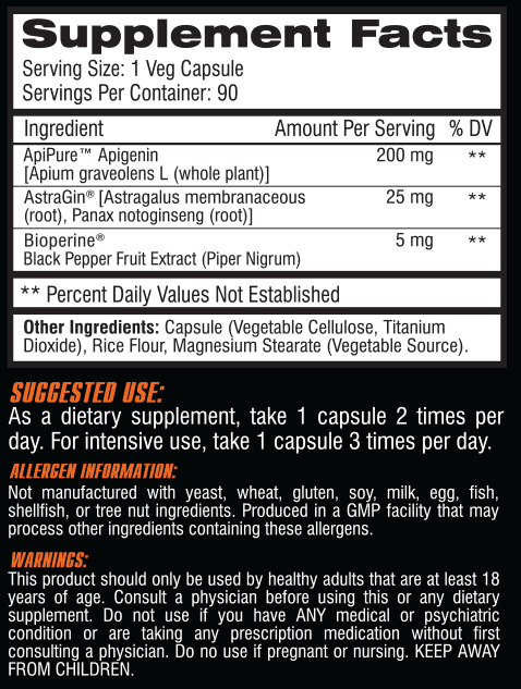 Supplement facts label showing suggested usage, ingredients, and allergen information for a vegetable capsule dietary supplement.