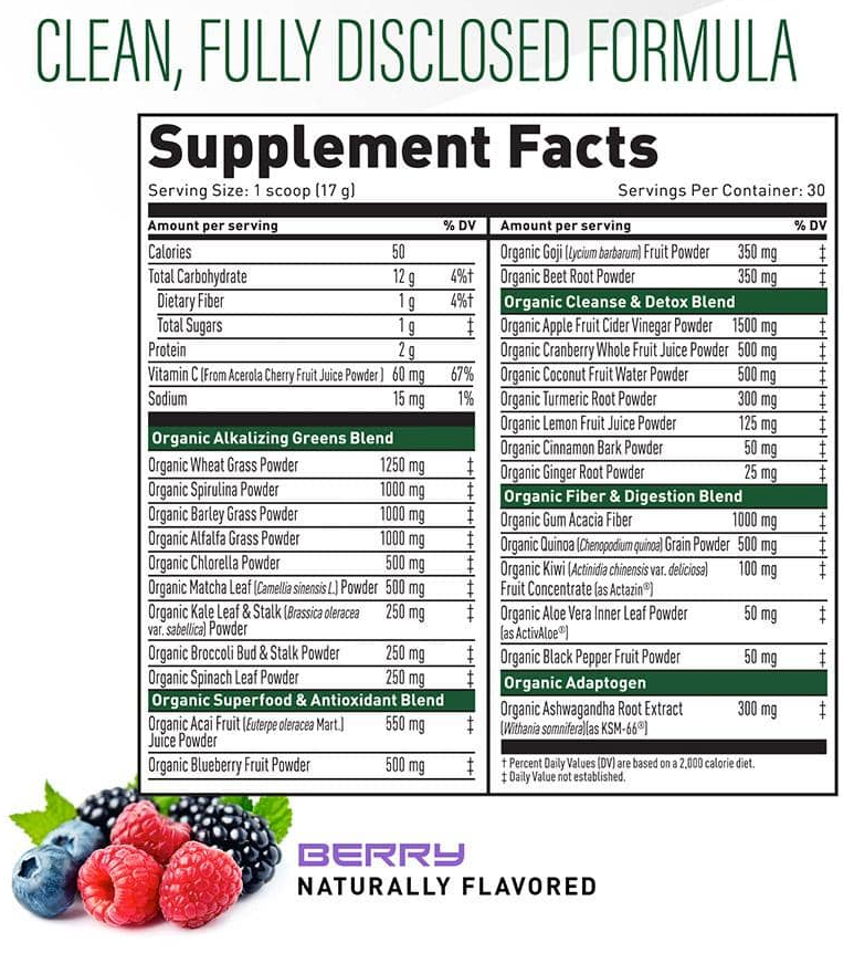A supplement facts label for a natural flavored berry mix listing various components like Organic Alkalizing Greens, Superfood & Antioxidant, Cleanse & Detox blend, and Digestion Blend.