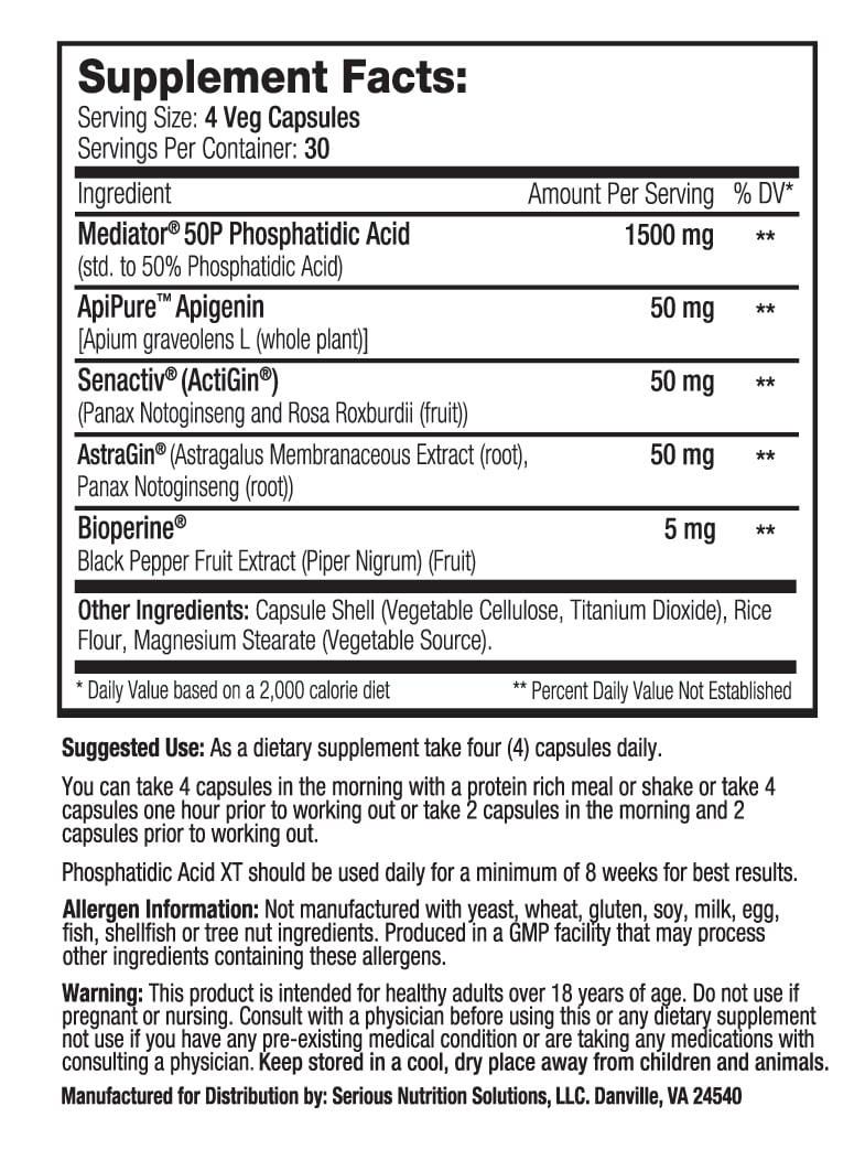 Nutrition facts and suggested use for a vegetable-based capsule supplement with main ingredient Phosphatidic Acid, produced by Serious Nutrition Solutions.