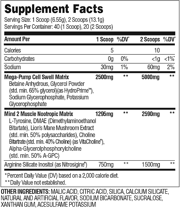 Supplement facts showing serving sizes, scoops per container and breakdown of calories, carbohydrates, sodium and various nutrients and ingredients.