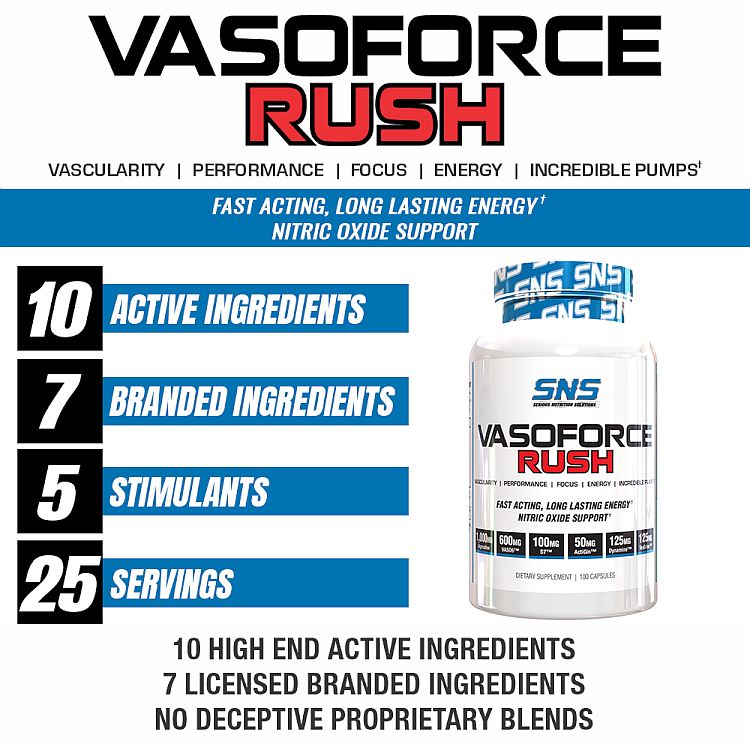 Vasoforce Rush dietary supplement promoting vascularity, performance, focus and energy with 10 active ingredients, 25 servings per 100 capsules.