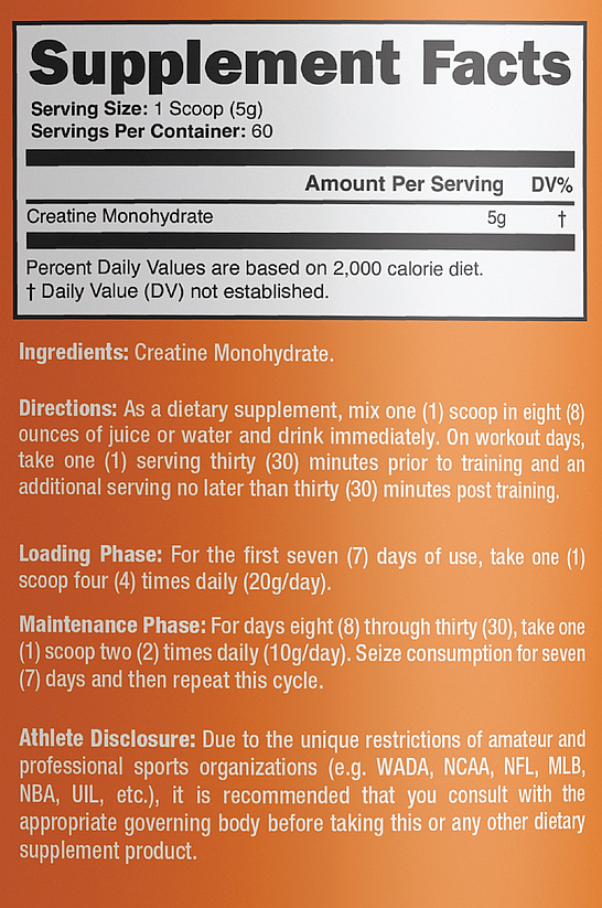 Nutritional label of a creatine supplement detailing serving size, instructions, ingredients, and athlete disclosure.