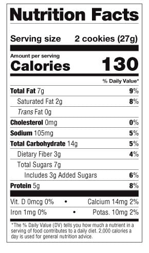 Nutrition facts for serving size of 2 cookies: 7g total fat, 2g saturated fat, 105mg sodium, 14g carbohydrates, 3g dietary fiber, 7g total sugars, 5g protein.