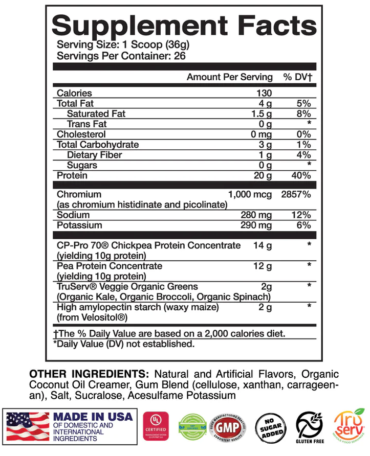 Supplement facts label showing ingredients and nutritional values of a gluten-free, sugar-free protein powder made from chickpea and pea protein.