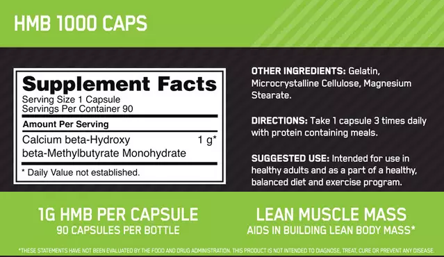 HMB 1000 Caps dietary supplement with 1g of HMB per capsule, 90 capsules per bottle, aids in building lean muscle mass.