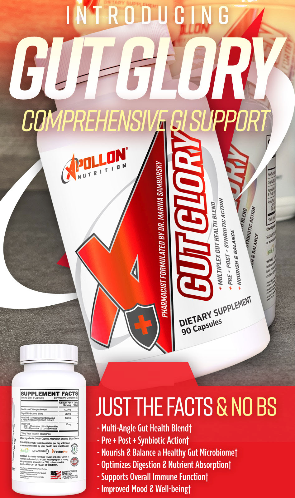 Ollon Gut Glory GI Support Supplement: 90-capsule blend for optimizing digestion, supporting immune function, improving mood and well-being.