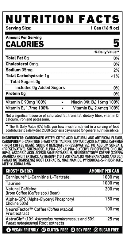 Nutrition facts of 16 fl oz energy drink: 0g fat, 35mg sodium, 1g carbohydrate, 100% vitamins (C, B6, B12, B3), sugar-free, vegan, gluten & soy-free.