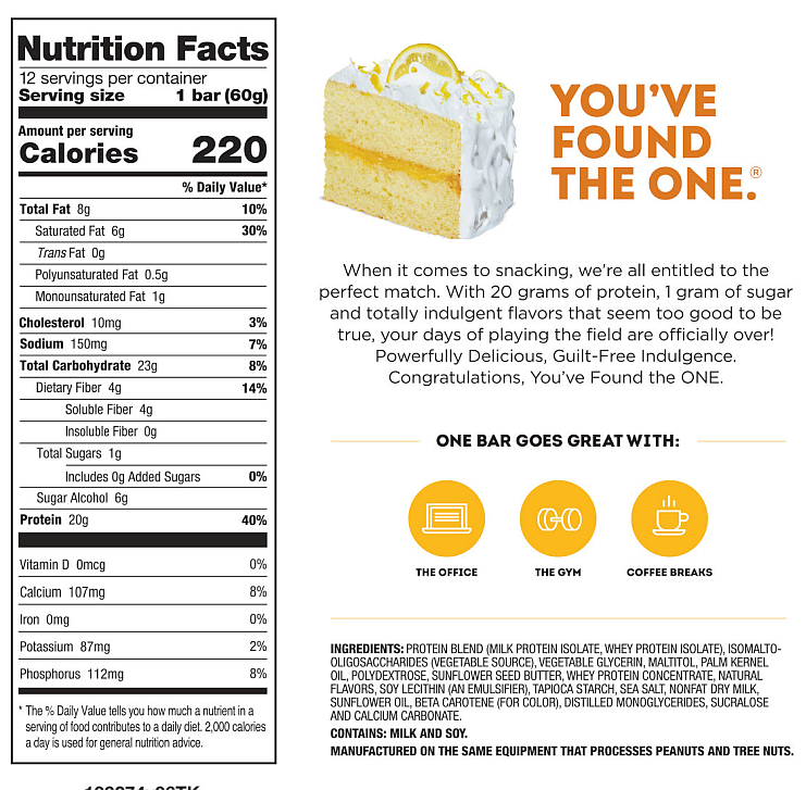 A nutrition facts label for a protein bar with 12 servings per container. Each serving provides 20g of protein, 1g of sugar, and 8g of total fat.