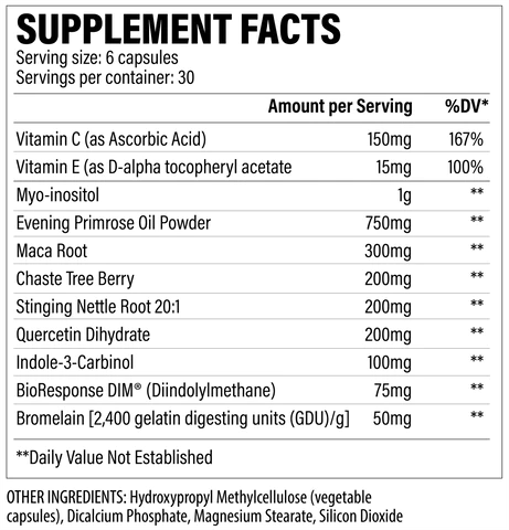Supplement facts for a 30 serving product containing ingredients like Vitamin C and E, Evening Primrose Oil, Maca Root, and Bromelain.