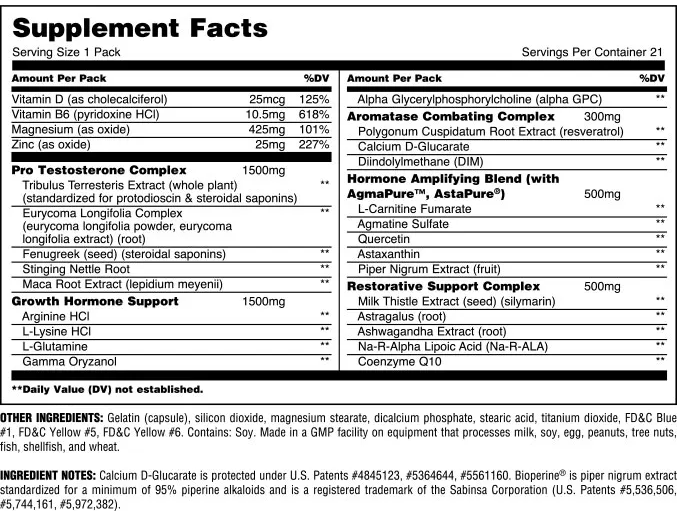 Supplement facts showing vitamins, ingredients, and nutritional values for a serving size of 1 pack of a testosterone complex supplement.