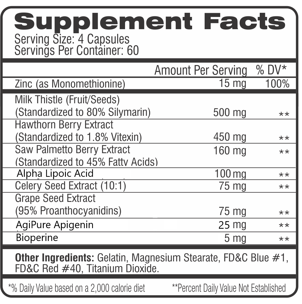 Supplement facts label indicating servings, ingredients like zinc and milk thistle, dosage, as well as daily value percentages.