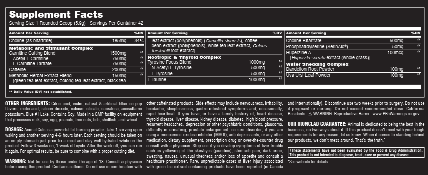 Supplement label showing serving size, ingredients, and dosage instructions for a fat-burning powder. Highlights include caffeine, herbal extracts, and Choline. Comes with a warning.