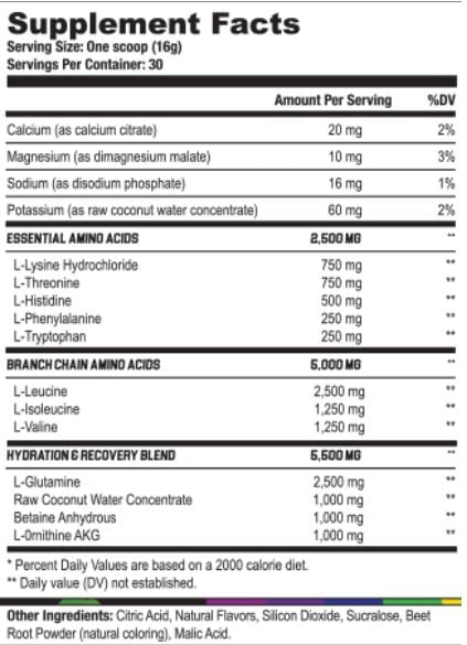Supplement facts label displaying servings, essential amino acids, branch chain amino acids, and hydration & recovery blend components with their quantities.