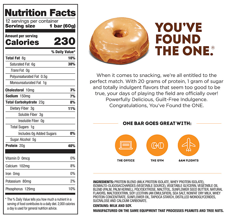 Nutrition facts for a snack bar. Contains 230 calories, 20g of protein, 1g of sugar, 23g of total carbohydrates and 8g of total fat. List of ingredients provided.