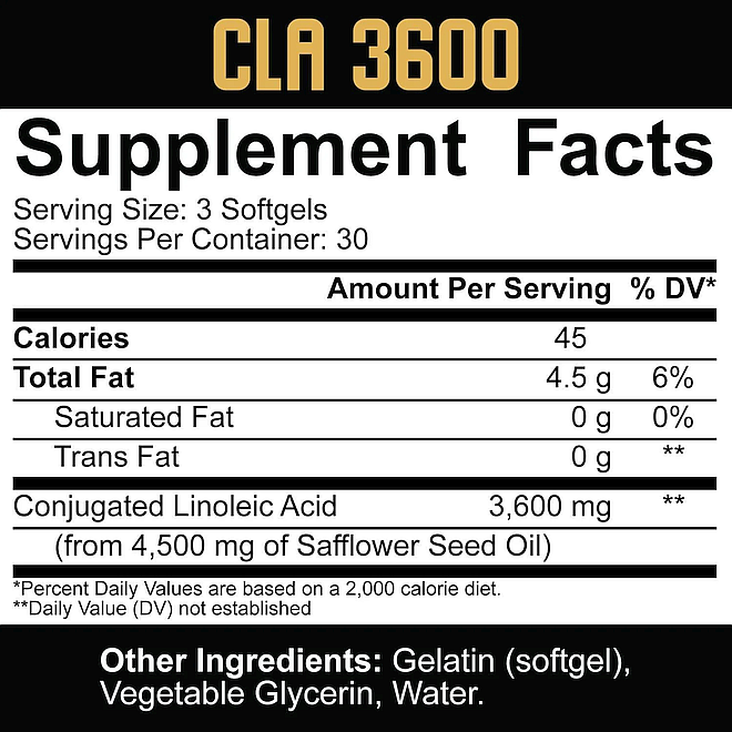 CLA 3600 supplement facts: 3 softgels serving, 30 servings/container. Total fat 4.5g, Conjugated Linoleic Acid 3,600mg from Safflower Seed Oil.