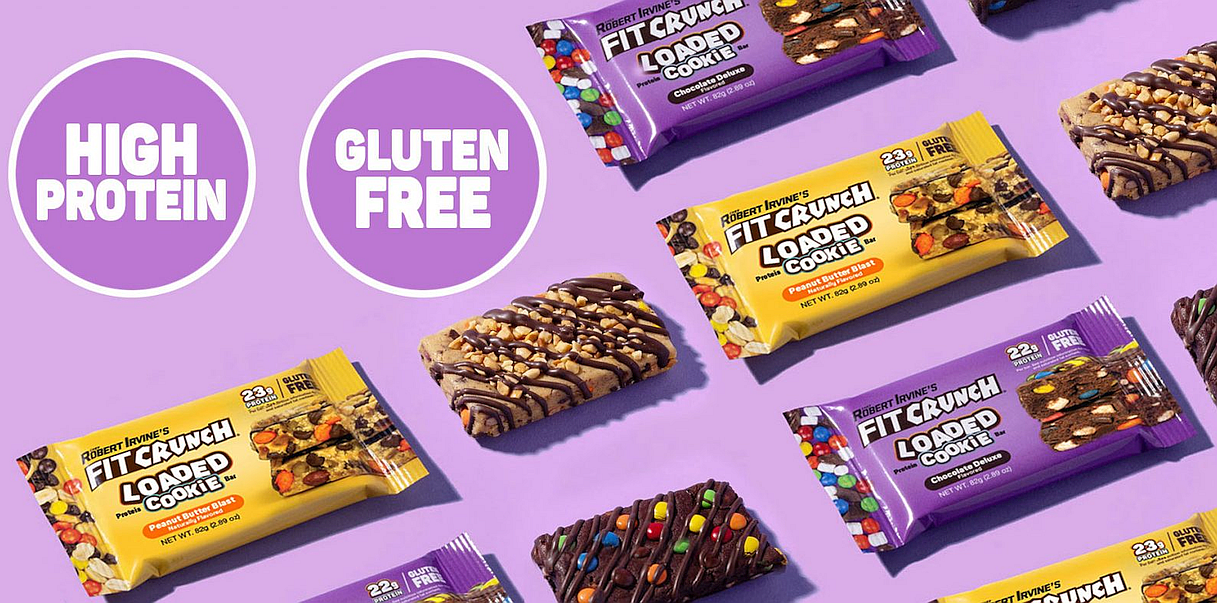 Robert Irvine's Fit Crunch Loaded high protein cookies in Peanut Butter Blast and Chocolate Deluxe flavors, gluten-free.