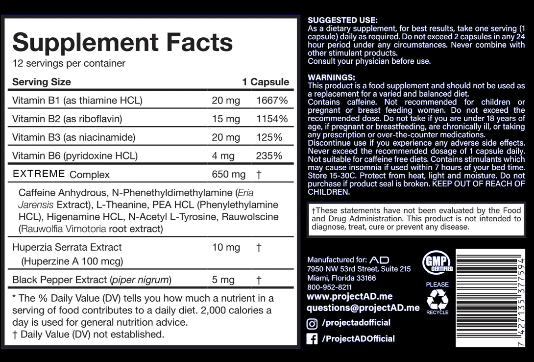 Supplement facts label showing serving size, various vitamins, % daily value, suggested use, warnings, manufacturer's details, FDA disclaimer.