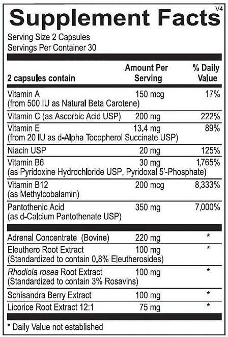 Nutrition facts for a supplement containing various vitamins, pantothenic acid, adrenal concentrate, and several root and berry extracts.