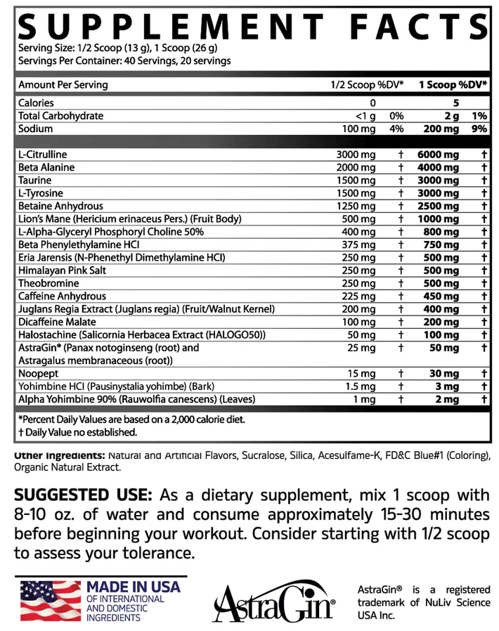 Supplement facts label showing serving sizes, ingredients, daily values, and suggested use of a dietary supplement.
