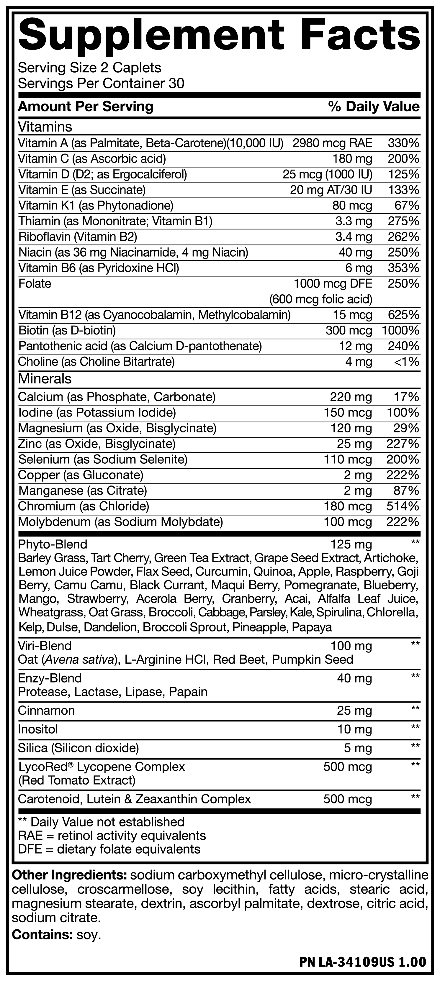 Supplement facts infographic with list of vitamins, minerals and other ingredients for 30 servings. Contains items like Vitamins A, C, D, E, K1 and B complex, calcium, iodine, biotin and zinc. Also includes plant-based extracts such as barley grass, tart cherry, and green tea. Contains soy.